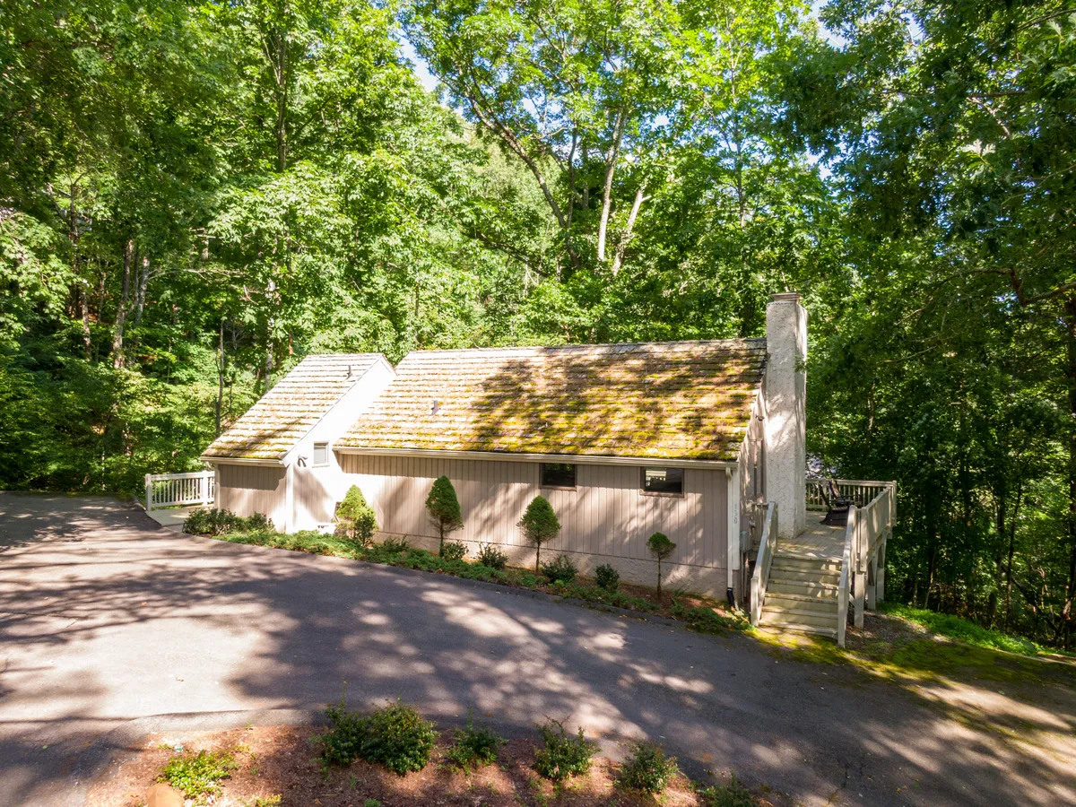 A rustic cabin exterior with a moss-covered roof, wooden steps leading to the entrance, and lush greenery all around. The porch invites guests to relax and enjoy the surrounding nature.